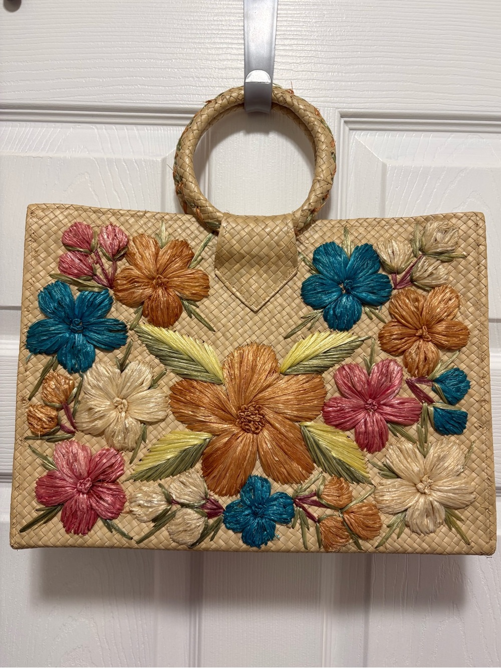 Vintage 60s 70s Floral Woven Raffia Straw Tote Bag Top Handle Mid Century EUC